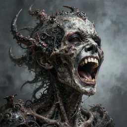 a portrait of a screaming soul, inner demons, giger, detailed, organic, darkart, dark, intricate detail, epic, atmospheric dramatic lighting, mist, grey, expressive, by jeremy mann