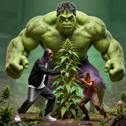 snoop dog as big as hulk fights giant ganja plant, cinematic lighting, highly detailed, concept art, art by wlop and artgerm and greg rutkowski, masterpiece, trending on artstation, 8 k