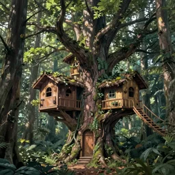 concept art painting of treehouses made out of trees, trees with doors and windows in a deep forest, realistic, detailed, cel shaded, in the style of makoto shinkai and greg rutkowski and james gurney
