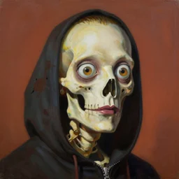 a surrealistic head and shoulder painting of a gorgeous female skeleton with cat eyeballs and lipstick and hoodie, in the style of salvador dali, digital art, detailed masterpiece