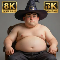 an anthropomorphic beautiful fat male portrait sitting on a chair tshirtless, big eye, fine art, award winning, intricate, elegant, sharp focus, octane render, hyperrealistic, wizard hat cinematic lighting, highly detailed, digital painting, 8 k concept art, art by jamie hewlett and z. w. gu, masterpiece, trending on artstation, 8 k