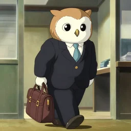 anime barn owl in a black suit wearing an office bag going to the office,art by Hayao Miyazaki , art by Studio Ghibli,highly detailed,anime, anime shot,anime colours, screenshoot of My Neighbor Totoro 1988,cell shading,volumetric dynamic lighting,anime lighting
