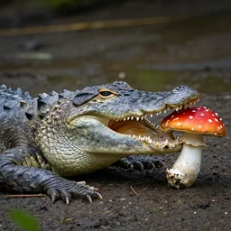 alligator eating a magic mushroom