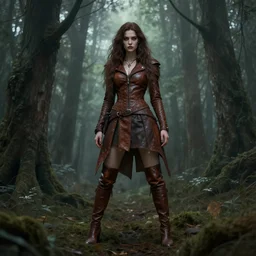 savage woman, clothed in brown leather, leather boots, long hair, unwordly, beautiful, ghostly forest, by ilya kuvshinov and rossdraws and greg rutkowski, artstation, deviantart, cgsociety
