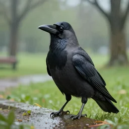 a friendly crow in a park in a rainy day, digital painting, ultra detailed, unreal engine 5,