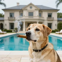 a very detailed photo of a dog ( smoking a cigar ) outside the mansion by the pool