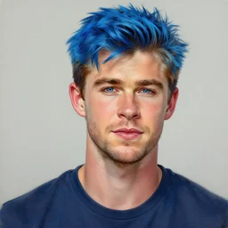 a portrait of blue - haired teen chris hemsworth vivid!!!! colors, photorealistic painting by mandy jurgens, trending on artstation, photorealism, detailed painting, behance hd, hyper realism