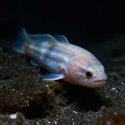 eyeless blind albino eels from inside deep dark freshwater lake cavern, black background, very dark dim lighting, legendary award winning underwater nature photography
