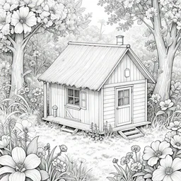 a cabin in a mystical field of flowers, detailed line drawing, intricate, hd, digital art, complementing colors, detailed, illustration painting by alex gray, digital art, moebius