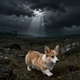 a corgi puppy wandering through an ominous landscape, drawn by zdzisław beksinski, dark, intense