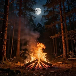 forest at night, camofire, moon in the sky, beautiful painting