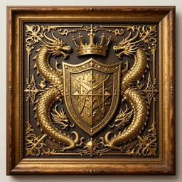 a amazing illustration fantasy wood frame engraving with elegant details, golden border detail ornaments art by fantasy and hearthstone style, centered, facing shot, crowns, dragons!! and royal shields, symmetry!!!, elegant, masterpiece