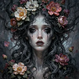 a beautiful terrifying female portrait black eyes twisted trees, crying tears, bloom made of flowers. ethereal horror fantasy art by greg rutkowski and raymond swanland and monet