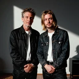 basquiat with kurt cobain photographed by annie leibovitz in a hi end photo studio, color, photorealistic
