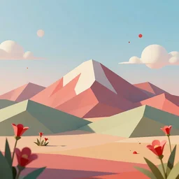 3 d render, mountain landscape, digital art, low poly art, minimalist, flowers, lowpoly landscape, particles floating, unreal engine, dreamy, bokeh, bounce light, sunny, complementary palette, redsinski