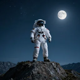 american astronaut standing on a top of a mountain, mid shot,, starry night, moonlit, cinematic lighting, atmospheric, realistic, octane render, highly detailed, color graded, in the style of craig mullins