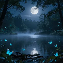 a dreamy landscape of a beautiful lake in a forest, moonlit night dreamy atmosphere, highly detailed twigs and plants in the forest, bioluminiscent butterflies in the fog in a bokeh background, deep colors, photorealistic digital arts, cinematic, smooth, artstation, 8K