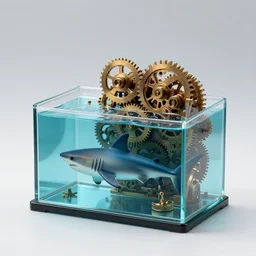 a glass rectangle box, in the front have is the front of a shark in water, in the back half is steam punk gears