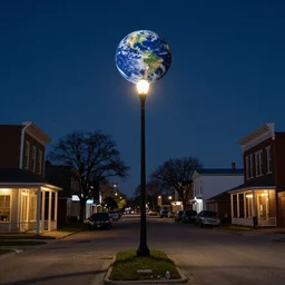 a tiny planet earth is at the top of a lightpole providing the only source of light for main street in a small kansas town at midnight