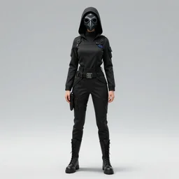special forces hooded female plague doctor, special operative, dons a black uniform and a plague crow mask, long sleeves, turtleneck, trending on artstation