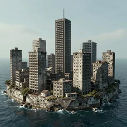 brutalist city, prison city, totalitarian prison island, hashima island, rundown buildings, military buildings, prison complex, 3 5 mm photo