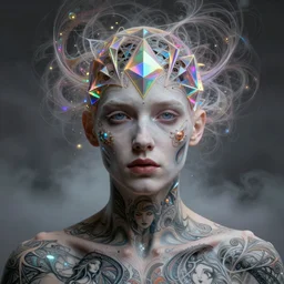 A fractal Mesmerizing 8k hyperrealistic Photo Portrait of a pale skinned human with a tattoo by Joe Fenton that is transforming into iridescent geometry, cyberpunk, Surrounded by Mist, highly detailed, intricate, sci-fi, sharp focus, subsurface scattering, art by Caravaggio, Greg rutkowski, Sachin Teng, Thomas Kindkade, Alphonse Mucha, Norman Rockwell, Tom Bagshaw.