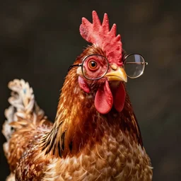 a portrait of a very handsome!!! chicken with fashionable glasses!. Staring at the camera!!!