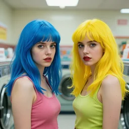 a 1 9 8 2 colourful, cinematic romantic movie scene by john waters of woman with blue hair and her twin with yellow hair, standing in a laundromat, they have beautiful plastic faces, high resolution, 8 k - n 6