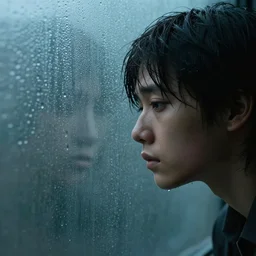 young person looking through water wall, with clear glass, melancholic, sad, lots of raindrops, detailed, cinematic, dramatic lighting, by william zorach