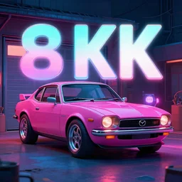 concept art of a retro mazda in front of a garage, greg rutkowski, 8 k, highly detailed, neon colors, volumetric lighting