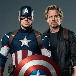 Portrait photo of Captain America portrayed by Jordan Peterson and Russell Brand, cinematic