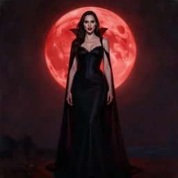 Full body photo of the beautiful woman Gal Gadot as a vampire, she is quiet, she has vampire fangs, there is a red glow coming from her, she is getting ulluminated by the red full moon, the photo was taking by Annie Leibovitz, matte painting, oil painting, naturalism, 4k, 8k
