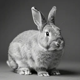 rare classified photo, black & white, studio lighting, a short buffalo rabbit, real fur, real skin