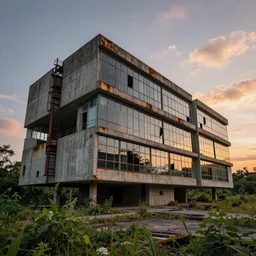 brutalist architecture by Le Corbusier, abandoned, empty streetscapes surrounded by lush green vegetation, ground-level view, stunning volumetric lighting, sunset, rusted steel, solid concrete, glass, stunning skies, trending on Artstation, 8k, photorealistic, hyper detailed, unreal engine 5, IMAX quality, cinematic, epic lighting, in the style of DOOM and Greg Rutkowski