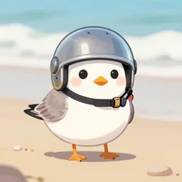 sandpiper wearing a metal helmet, beach environment, adorable, digital art, soft colors
