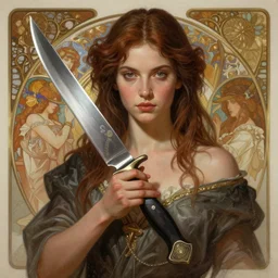 a realistic portrait of the goddess of knives, highly detailed, digital painting, artstation, concept art, smooth, sharp focus, illustration, by peter mohrbacher, donato giancola, leyendecker, boris vallejo, godward, wayne barlowe, gustav moreau, gaston bussiere and roberto ferri, santiago caruso, and austin osman spare, ( ( ( ( occult art ) ) ) ) bouguereau, alphonse mucha, saturno butto c 9