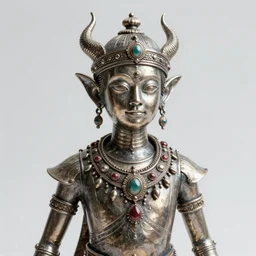 A genie that is made of metal who's wearing a gaudy necklace