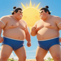friendly sumo wrestlers smile at the sun, hyperrealism