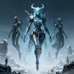 highly detailed portrait of wasteland floating metalic hovering frost robotic demon litch elemental witch, stray wiring by atey ghailan, james gilleard, by joe fenton, by greg rutkowski, by greg tocchini, by kaethe butcher, 4 k resolution, gradient blue, cyan, black and white color scheme!!! ( ( snowy glaciated robotic dystopian city background ) )