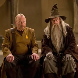 wide view long cinematic shot, film still of patrick stewart aas jean - luc picard sitting next to ian mckellen as gandalf wearing the sorting hat from harry potter, warm lighting, photorealistic, realistic, detailed, 2 4 mm, 8 k
