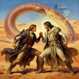 a beautifull intricate painting of vladimir harkonnen fighting paul atreides, muad'dib, giant sandworm!! in background, dune, frank herbert, reflexions, verry high details by william turner art, greg rutkowski and alphonse mucha, trending on artstation, very very detailed, masterpiece, vibrant colors