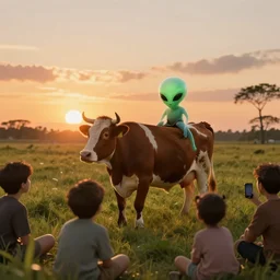 cow being abducted by aliens in the sunset while his friends watch, contemporary