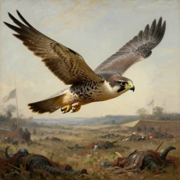 a falcon gliding over a battlefield, close up of falcon, below the bodies are scattered across the battlefield, medieval setting, painting