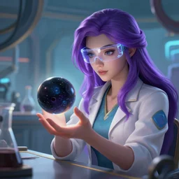 league of legends concept art beautiful young female scientist examining spherical black hole in her hand, long purple hair, hi tech glasses, futuristic laboratory background interior, table with laboratory equipment, art by charles liu, close - up shot, fantasy style, soft lighting, vibrant color scheme, female portrait, ultra detailed, volumetric lighting, octane render, commission art, 8 k wallpaper