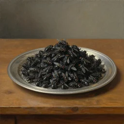classic still life of a large pile of black flies served on a round silver platter on a wooden table, oil on canvas, highly detailed