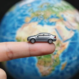 the world's smallest car with a finger next to it to show its scale, close up shot.