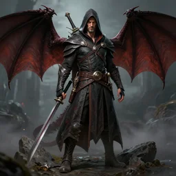 a serious hooded half elf middle aged rogue, strong, full body, 8 k, hyperrealistic, dragon slayer, hyperdetailed, fantasy portrait by laura sava