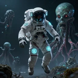 hyper realistic wide view, occult cosmonaut with glowing magic symbols on his suit, highly detailed octane render 4k, floating in space with Cthulhu in the background, horror, despair, frightening