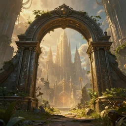 overgrown ruined metal archway into a magical city, beautiful, intricate, detailed, golden light, 3 d animated movie frame, 8 k