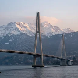 bandra - worli sea link in switzerland, cable bridge, snow mountains in background, soft light, sunrise, cinematic, high resolution, ultra detailed, stunning shot